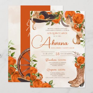 Invitación Rosas Quinceañera Naranja Charro Occidental Antigu