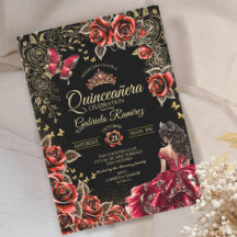 Rosas Quinceañera Tiara Dorada Roja y Negra