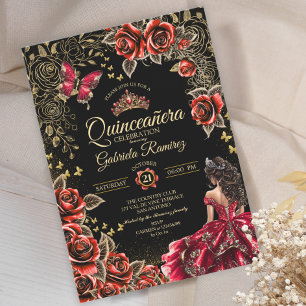 Invitación Rosas Quinceañera Tiara Dorada Roja y Negra