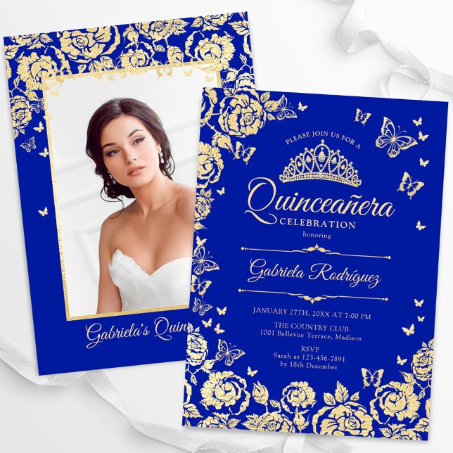 Invitación Rosas reales de oro azul Quinceanera Foto (Subido por el creador)