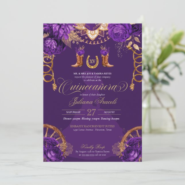 Invitación Rosas reales de oro morado Charro Western Quincean (Anverso de pie)