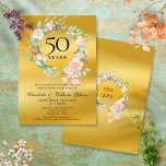 Invitación Rosas Relieve metalizado dorado Garland 50° aniver<br><div class="desc">Con una delicada acuarela de rosas florales sobre un fondo de Relieve metalizado dorado, esta moda botánica 50 aniversario boda se puede personalizar con su información especial de aniversario. El reverso presenta una guirnalda floral que enmarca tus fechas de aniversario en un texto elegante sobre un fondo de Relieve metalizado...</div>