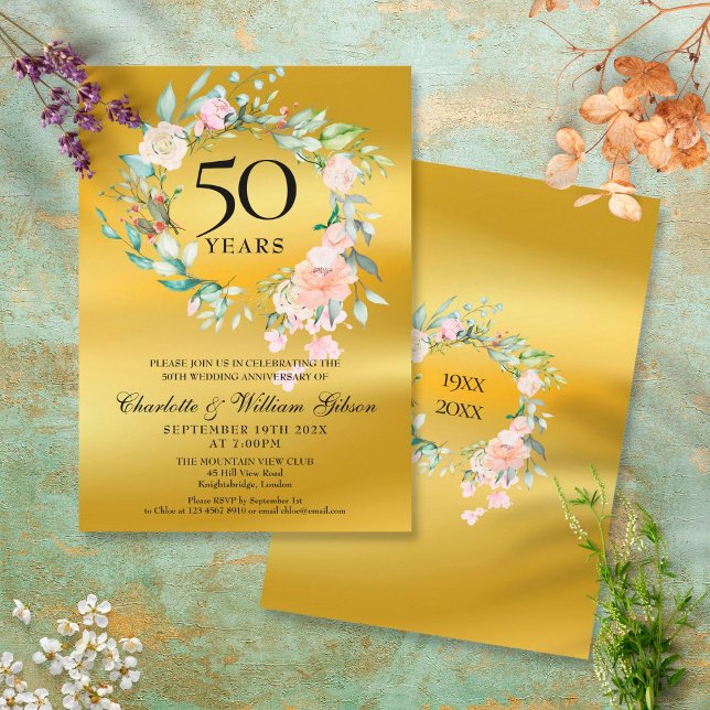 Invitación Rosas Relieve metalizado dorado Garland 50° aniver (Subido por el creador)
