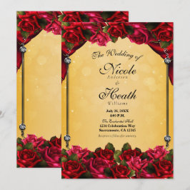 Invitación Rosas Rojas Amarillas y Doradas Elegante Boda