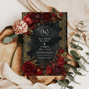 Invitación Rosas rojas antiguas con encaje gótico