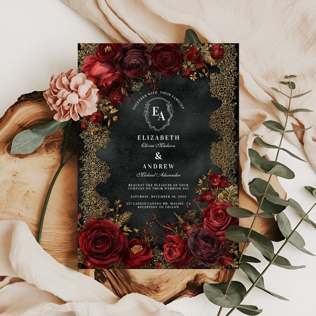 Invitación Rosas rojas antiguas con encaje gótico (Subido por el creador)