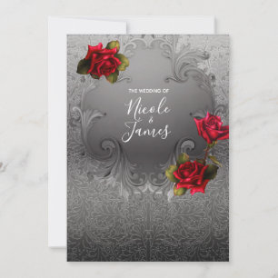 Invitación Rosas Rojas Antiguas Elegantes Plateadas para Boda