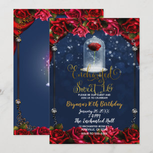 Invitación Rosas Rojas Azul Marineroy Dorado Fiesta Dulces 16