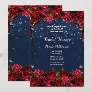 Invitación Rosas Rojas Azul Marino Dorado Encantado Bridal Sh