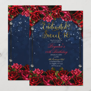 Invitación Rosas Rojas Azul Marino Dorado Encantado Dulces 16