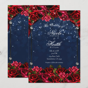 Invitación Rosas rojas azul marino dorado Floral encantado Bo