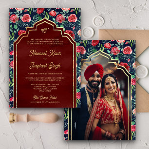 Invitación Rosas Rojas Azul Marino Foto Anand Karaj Boda Sij