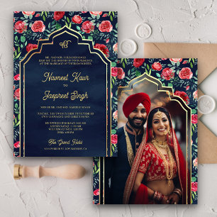 Invitación Rosas rojas azul marino Foto Anand Karaj Boda Sikh