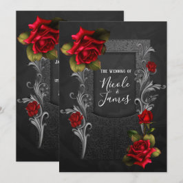 Invitación Rosas Rojas Bodas Góticas Ornamentadas Negras