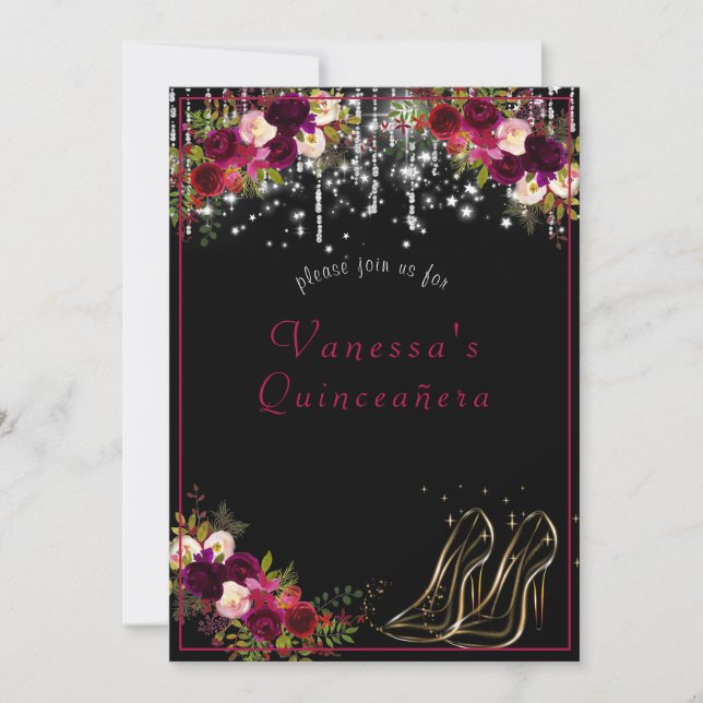 Invitación Rosas Rojas Bonitas Estrellas Brillantes Tacones d (Anverso)