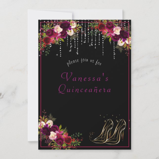 Invitación Rosas Rojas bonitos Estrellas Altas Talas Quinc (Anverso)