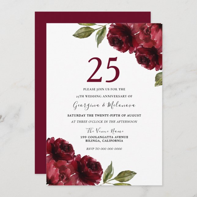 Invitación Rosas Rojas Borgoña 25 Aniversario de Boda (Anverso / Reverso)