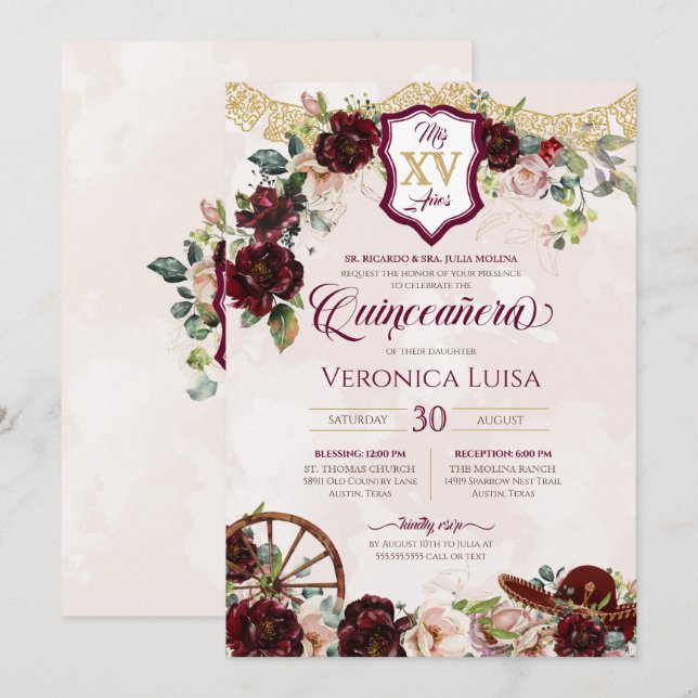 Invitación Rosas Rojas Borgoña Elegante Charro Quinceanera (Anverso / Reverso)