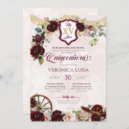 Invitación Rosas Rojas Borgoña Elegante Charro Quinceanera