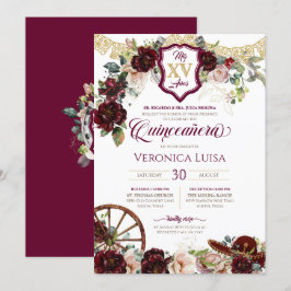 Invitación Rosas Rojas Borgoña Elegante Charro Quinceanera In