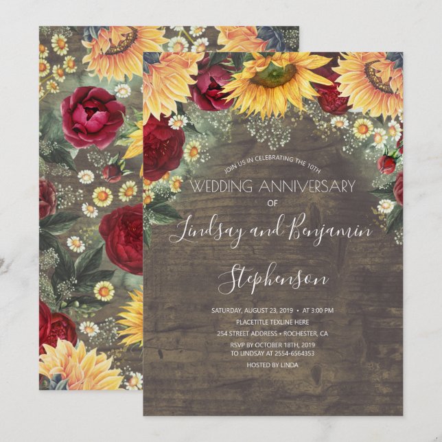 Invitación Rosas rojas borgoña girasol aniversario de boda (Anverso / Reverso)