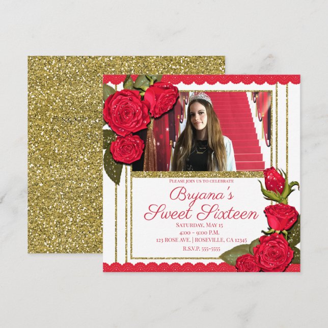 Invitación Rosas Rojas Brillo Dorado Dulces 16 Cumpleaños Fie (Anverso / Reverso)