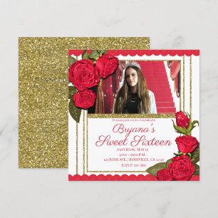 Invitación Rosas Rojas Brillo Dorado Dulces 16 Cumpleaños Fie