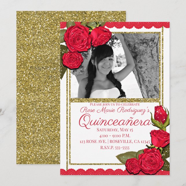 Invitación Rosas Rojas Brillo Dorado Fiesta de Cumpleaños Qui (Anverso / Reverso)