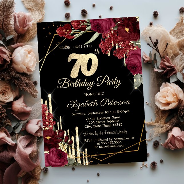 Invitación Rosas Rojas Brillo Gotea Negro Cumpleaños 70   (Subido por el creador)