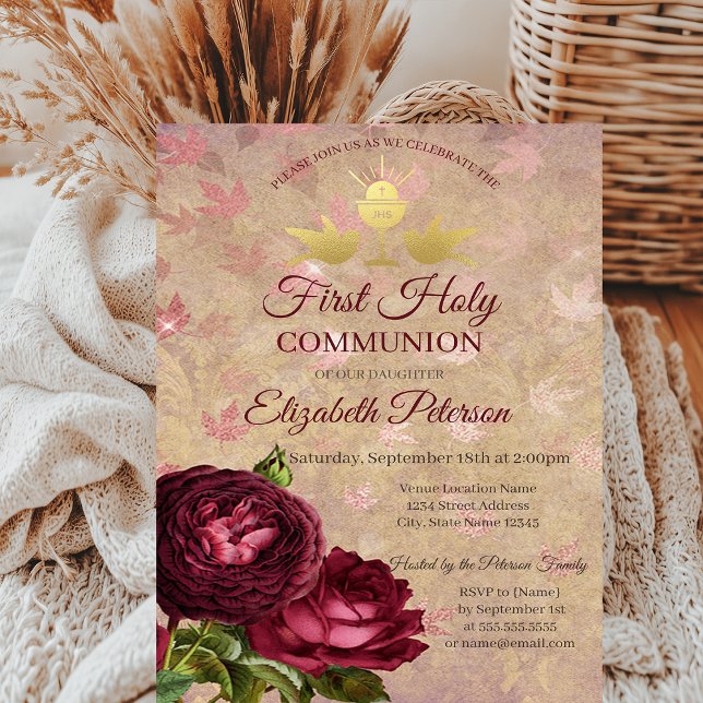 Invitación Rosas Rojas Caídas Hojas Primera Comunión (Subido por el creador)