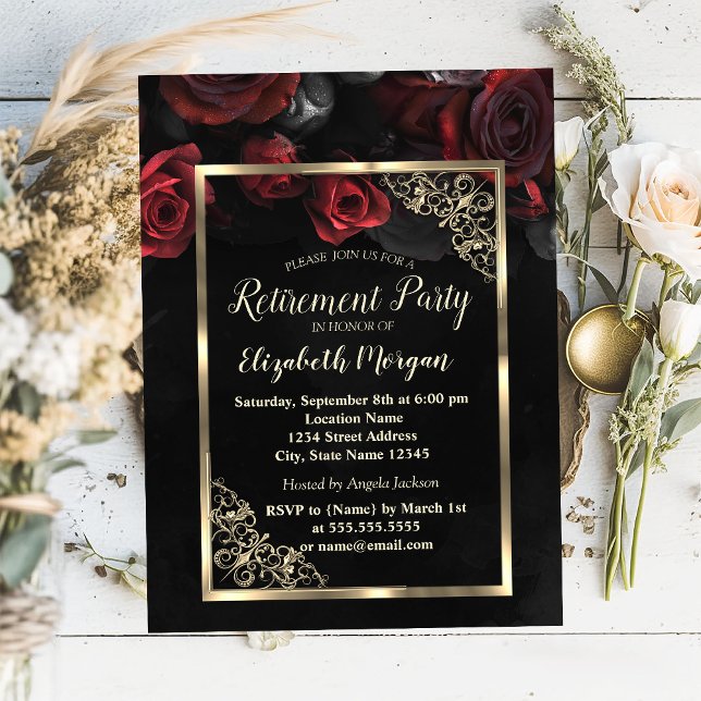 Invitación Rosas Rojas Chic Marco Dorado Fiesta de Jubilación (Subido por el creador)