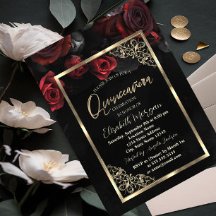Invitación Rosas Rojas Chic Marco Dorado Negro Quinceañera