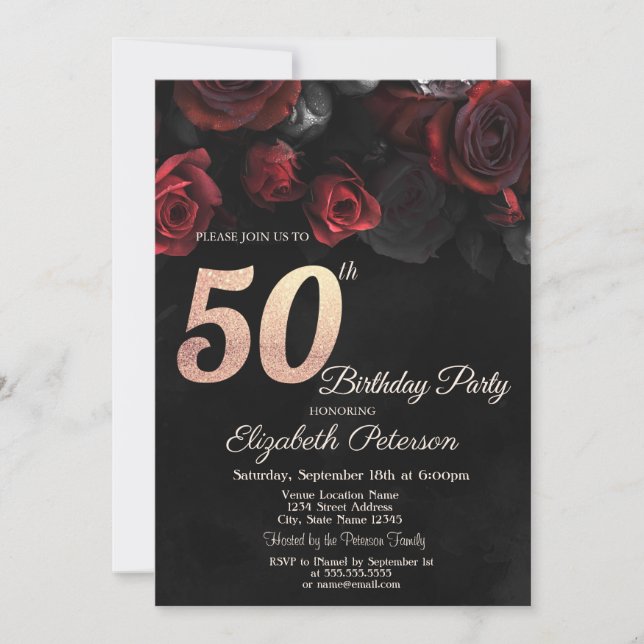 Invitación Rosas Rojas Chic Negras Cumpleaños 50 (Anverso)