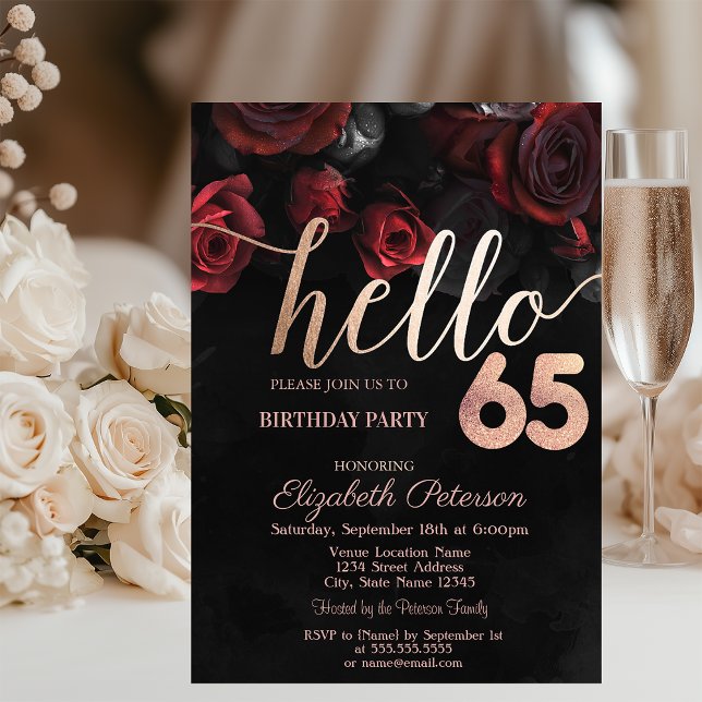 Invitación Rosas Rojas Chic Negras Fiesta de Cumpleaños 65 (Subido por el creador)