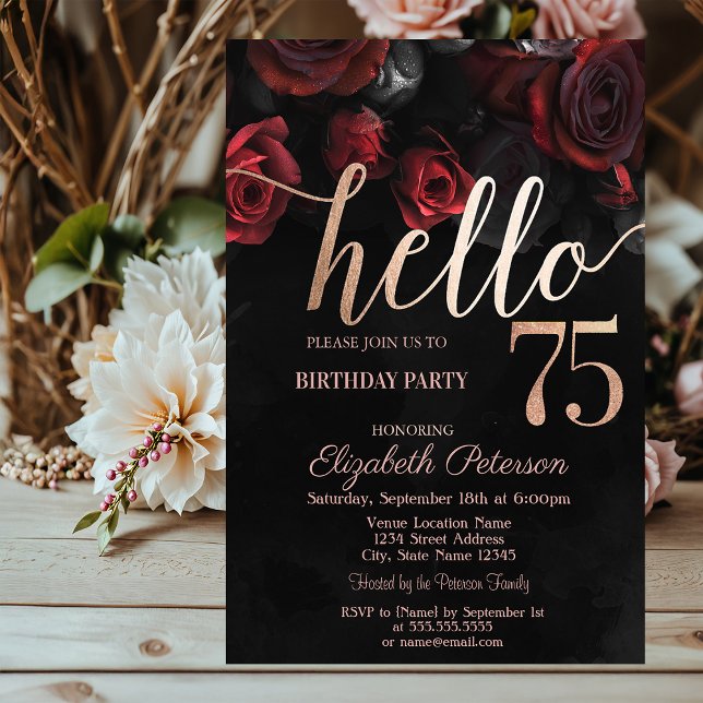 Invitación Rosas Rojas Chic Negras Fiesta de Cumpleaños 75 (Subido por el creador)