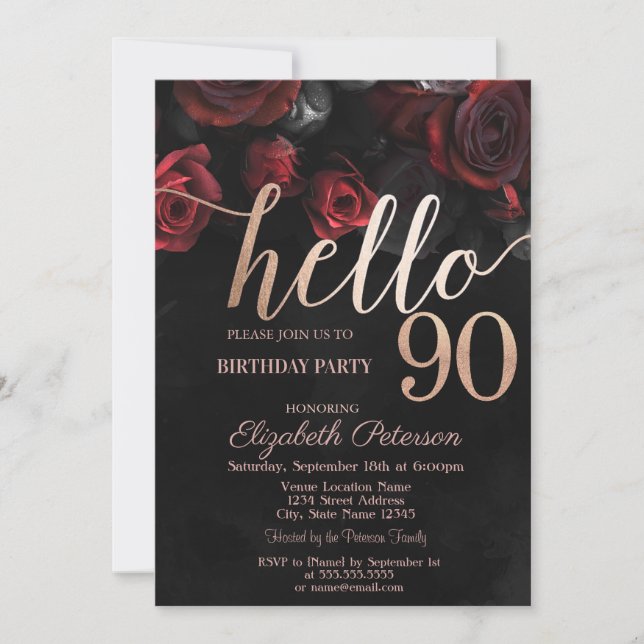 Invitación Rosas Rojas Chic Negras Fiesta de Cumpleaños 90 (Anverso)