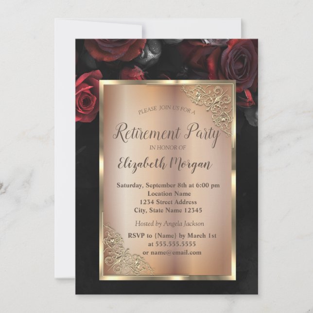 Invitación Rosas Rojas Chic Negras Fiesta de Jubilación (Anverso)