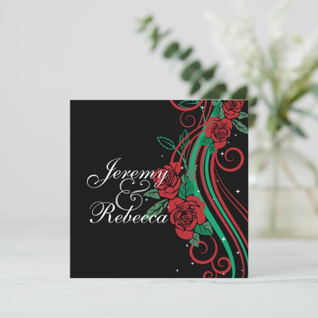 Invitación Rosas rojas clásicas y remolinos verdes sobre el b (Anverso de pie)