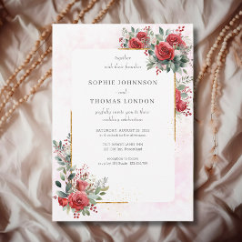 Invitación Rosas rojas con boda de marco dorado