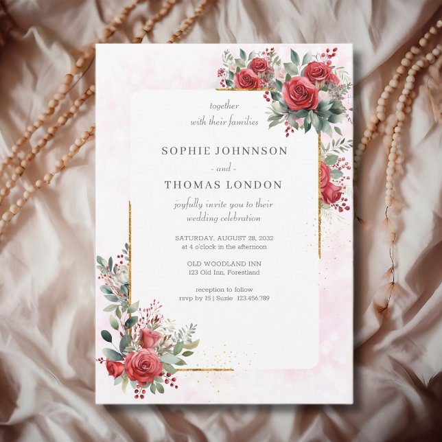 Invitación Rosas rojas con boda de marco dorado (Subido por el creador)
