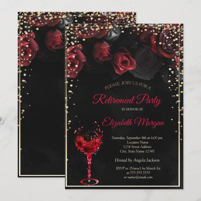 Invitación Rosas Rojas, Copa de Vino Parte de Jubilación (Anverso / Reverso)