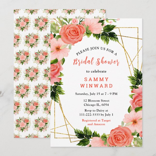 Invitación Rosas rojas coral con follaje (Anverso / Reverso)