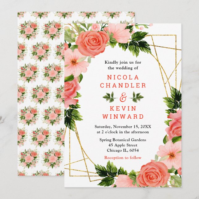 Invitación Rosas rojas coral con follaje (Anverso / Reverso)