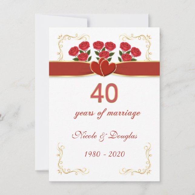 Invitación Rosas rojas, corazones 40 Aniversario de Boda (Anverso)