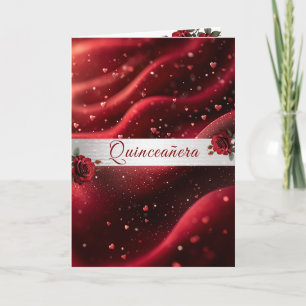 Invitación Rosas Rojas Corazones de Quinceañera en Satén Rojo