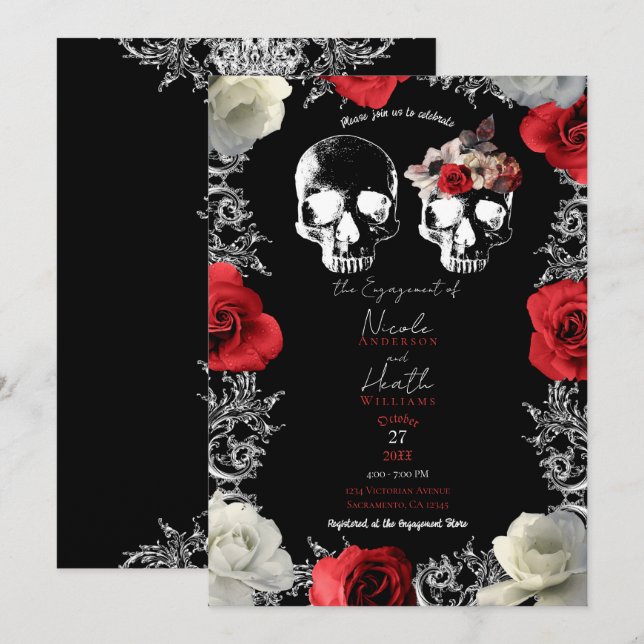 Invitación Rosas Rojas Cráneo de Esqueleto Fiesta de Compromi (Anverso / Reverso)