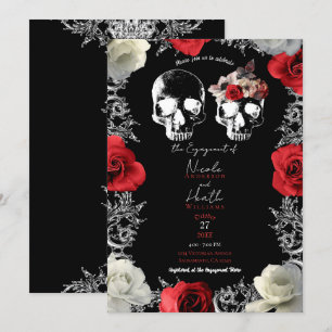 Invitación Rosas Rojas Cráneo de Esqueleto Fiesta de Compromi