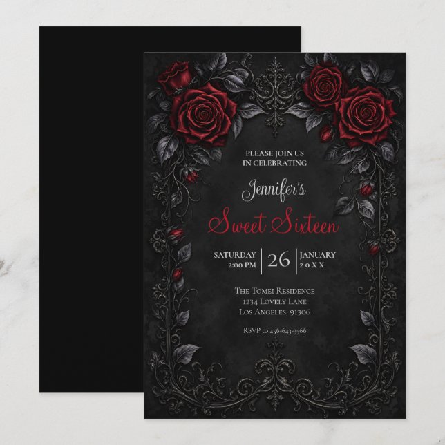 Invitación Rosas Rojas Cumpleaños Dulces 16 (Anverso / Reverso)