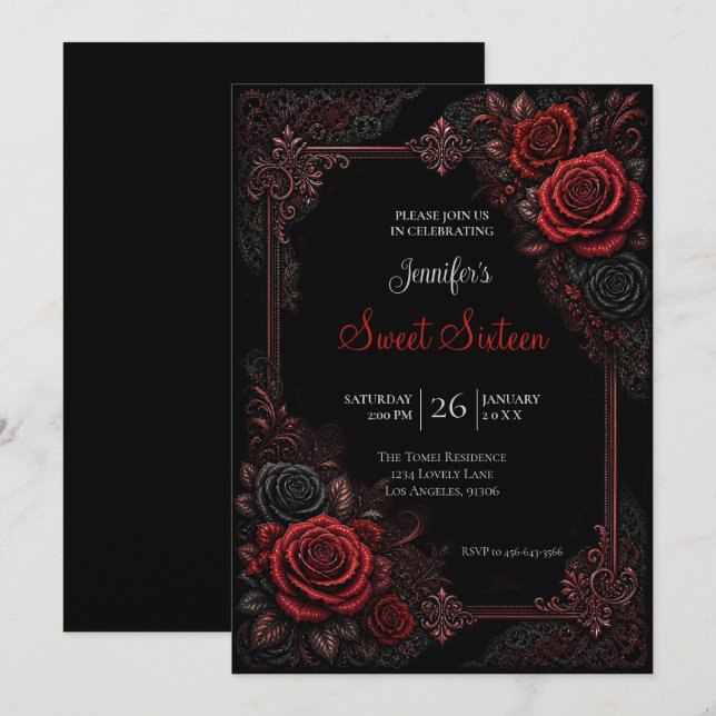 Invitación Rosas Rojas Cumpleaños Dulces 16 (Anverso / Reverso)