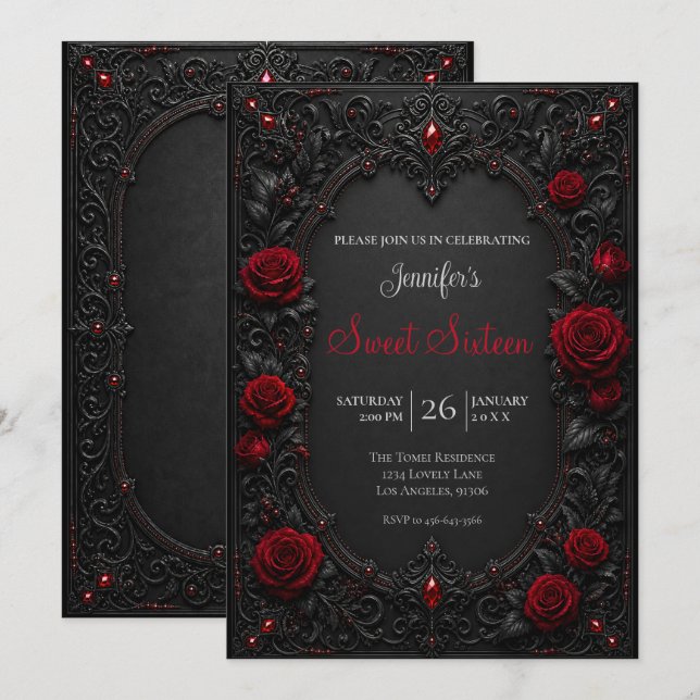 Invitación Rosas Rojas Cumpleaños Dulces 16 (Anverso / Reverso)